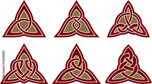 Vector set of triangular red and gold Celtic knots. Ornament of ancient European peoples. Sign and symbol of the Irish, Scots, British, Franks.