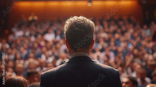 Rear view of a male speaker facing a large audience in an auditorium during a professional conference or seminar.