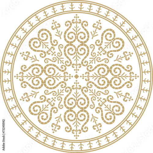 Vector gold round Yakut ornament. Endless circle, border, frame of the northern peoples of the Far East.
