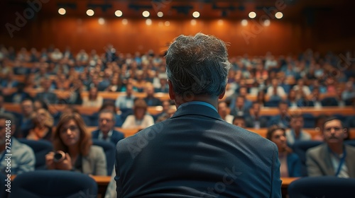 View from behind a speaker looking out over a diverse audience seated in an auditorium at a corporate training seminar. photo