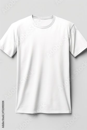 A white t-shirt is hanging on a wall. This image can be used to showcase clothing or to represent minimalistic style