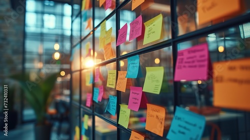 A glass wall in an office setting is covered with colorful sticky notes, used for brainstorming, project planning, and team collaboration. photo
