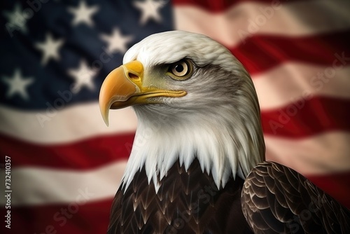 Bald eagle standing proudly in front of an American flag. Perfect for patriotic themes and national pride