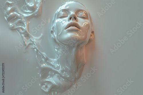 Fashion surreal Concept. Bionic girl man of ceramic glossy shiny sculpture dissolve melting emerging into molten liquid gel paint. illuminated dynamic composition dramatic lighting. copy text space photo