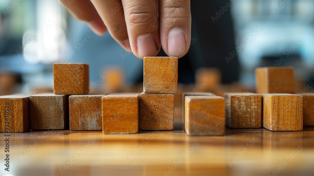 A hand carefully places the final wooden block atop a neatly aligned row, completing the sequence on a reflective wooden table. A hand carefully places the final wooden block atop a neatly aligned row, completing the sequence on a reflective wooden table.