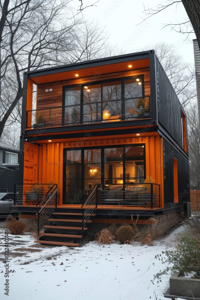 A modern metal building made of shipping containers