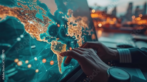 Business professional engaging with an interactive world map, strategizing in a global context with digital connectivity.