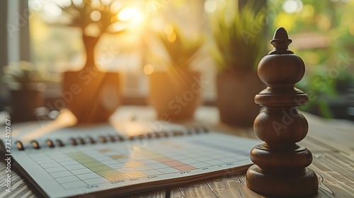 Fotografia A wooden chess bishop on a desk with a calendar in a home office, symbolizing strategic planning and decision making