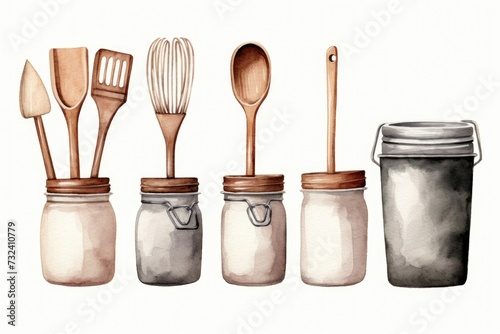 A group of mason jars filled with wooden spoons and various utensils. Perfect for kitchen and cooking-related designs