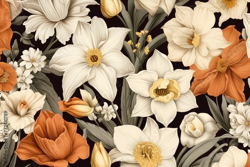 Wallpaper Mural A beautiful arrangement of white and orange flowers on a contrasting black background. Perfect for adding a pop of color to any design. Torontodigital.ca