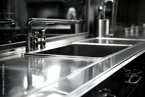 A black and white photo of a kitchen sink. Suitable for use in home improvement articles or interior design blogs