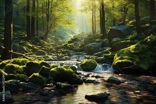 A picture of a stream flowing through a vibrant and lush green forest. This image can be used to depict tranquility and nature s beauty