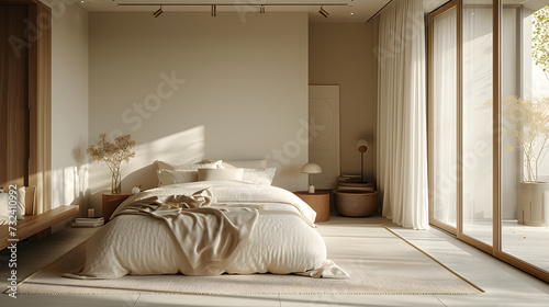 A large bed is centered in a spacious room with a white ceiling and walls with natural light.  The room has wooden floors and there are recessed lights in the ceiling. photo