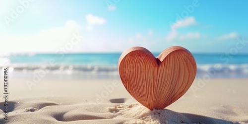 A wooden heart placed on a sandy beach near the ocean. Ideal for beach-themed projects and romantic designs