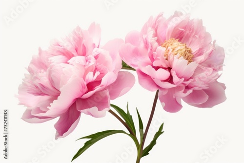 Two pink flowers arranged in a vase on a table. Perfect for home decor or floral themes