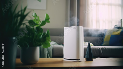 A white air purifier sitting on top of a wooden table. Can be used to improve indoor air quality and create a healthier living environment © Fotograf