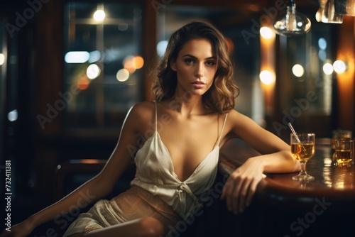 A woman wearing a white dress sits at a bar. Suitable for various concepts and themes