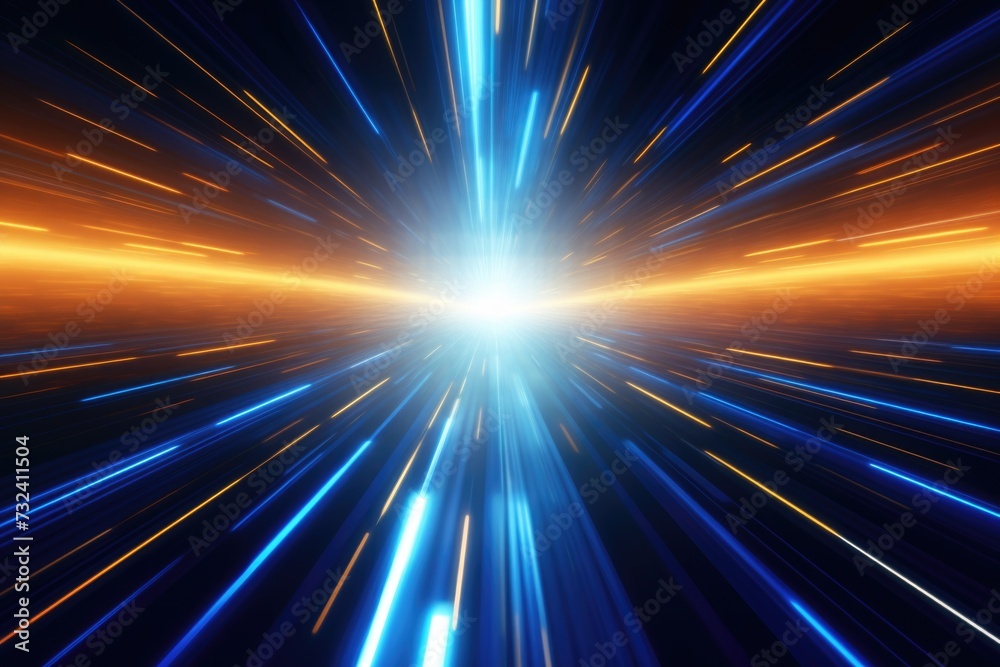 Vibrant blue and orange light streaks illuminating a dark black ...