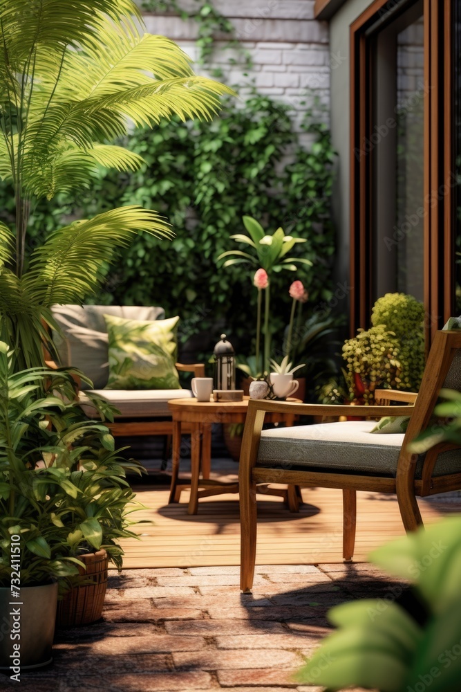 A picture of a patio featuring a table, chairs, and potted plants. This image can be used to showcase outdoor living spaces or as inspiration for patio design ideas