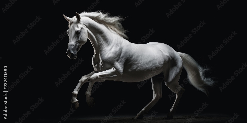 A powerful and elegant white horse galloping through the darkness. Perfect for adding a sense of mystery and energy to any project