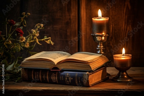 Atmospheric Old book and candles on wooden table. Art paper candle blank antique. Generate AI