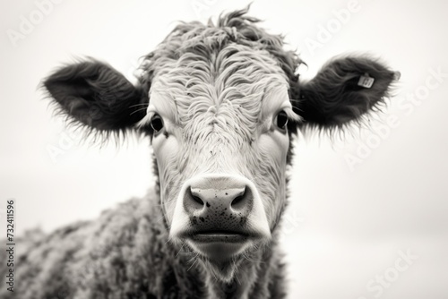 A black and white photo of a cow. Suitable for various purposes