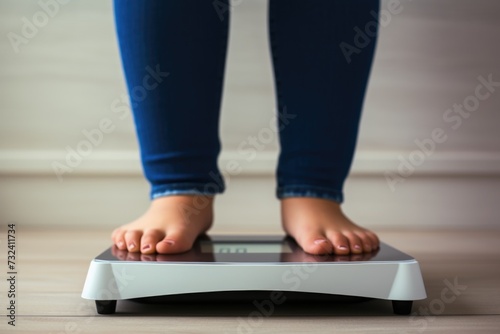 A person standing on a scale with their feet on it. Can be used to depict weight measurement, health, fitness, or body image