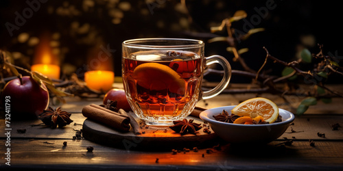 Hot tea in a cup. Still life with hot tea in a glass and hot steam rising from the glass    
