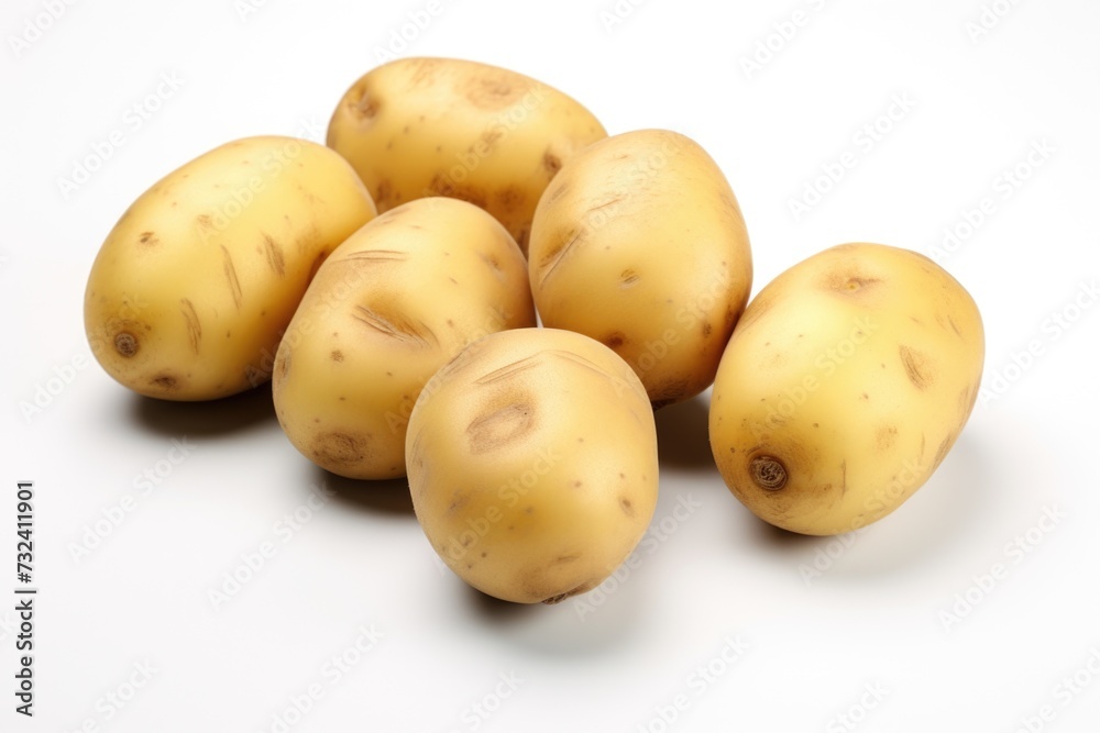 A pile of potatoes sitting on top of a white surface. Can be used for cooking, food, or agriculture-related projects A pile of potatoes sitting on top of a white surface. Can be used for cooking, food, or agriculture-related projects
