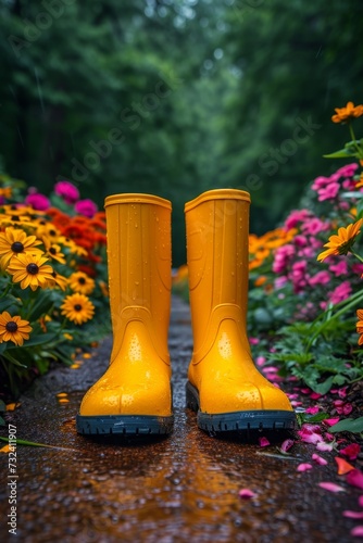 Yellow boots are standing in the summer garden after the rain