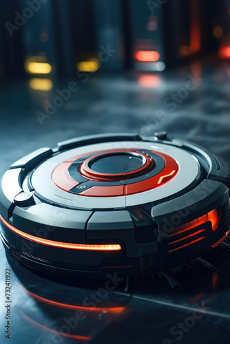Robotic vacuum cleaner sitting on top of a table. Perfect for cleaning hard-to-reach areas and keeping your home tidy