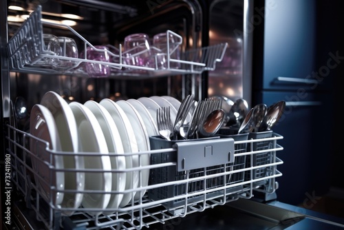 A dishwasher filled with dishes and silverware. Can be used to depict a clean kitchen or household chores