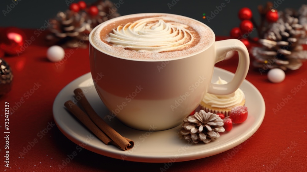 A cup of coffee with a dollop of whipped cream and cinnamon sticks. Perfect for cozy mornings or a warm beverage on a chilly day A cup of coffee with a dollop of whipped cream and cinnamon sticks. Perfect for cozy mornings or a warm beverage on a chilly day