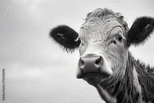 A black and white photo of a cow. Suitable for various uses