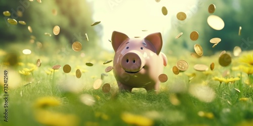 A piggy bank sits in the middle of a field of coins. This image can be used to represent savings, financial planning, or the concept of money growing