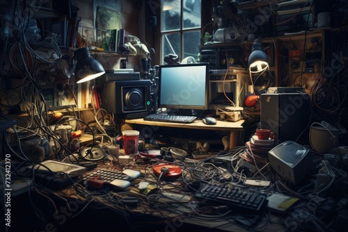 A cluttered desk with a computer monitor and keyboard. Perfect for illustrating a chaotic workspace or busy office environment