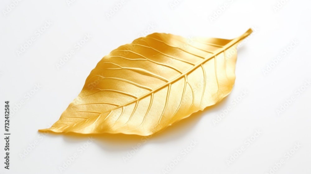 A beautiful gold leaf resting on a clean white surface. Perfect for adding a touch of elegance to any design project A beautiful gold leaf resting on a clean white surface. Perfect for adding a touch of elegance to any design project
