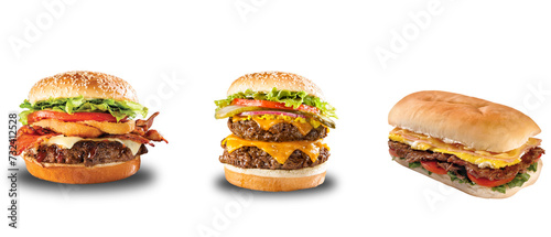 Floating burger isolated on black wooden background. Ingredients of a delicious burger with ground beef patty, lettuce, bacon, onions, tomatoes and cucumbers