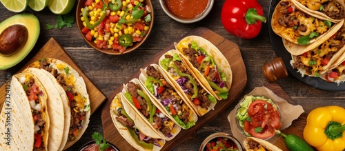 There is a variety of tacos with different ingredients on the table, representing the diverse cuisine and staple food options.