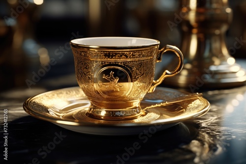 A gold cup and saucer placed on a table. Suitable for use in various contexts