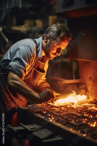 A man in an apron is seen working on a metal object. This image can be used to depict craftsmanship, metalworking, or industrial labor