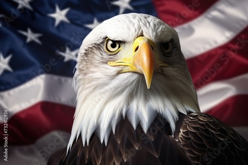 A close-up view of a majestic bald eagle with the American flag in the background. This image captures the beauty and strength of the national bird alongside the patriotic symbol of the United States.