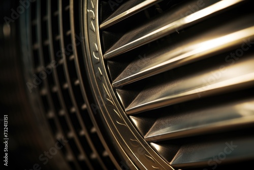 A detailed close up view of a jet engine. This image can be used to depict the intricate mechanics and technology of aviation
