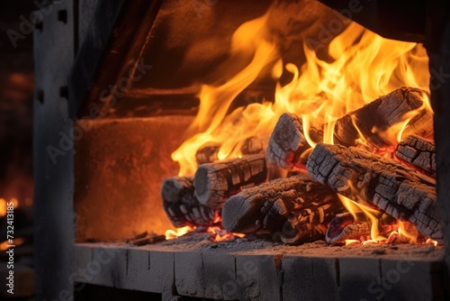 A close-up view of a fire burning in a fireplace. This cozy image captures the warmth and ambiance of a crackling fire. Perfect for adding a touch of comfort and relaxation to any project