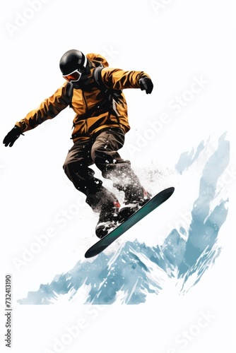 A man riding a snowboard down a snow covered slope. Perfect for winter sports and adventure themes