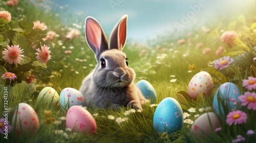 A picture of a rabbit sitting in the grass with colorful Easter eggs. Perfect for Easter-themed designs and decorations