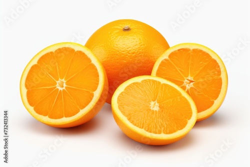 A group of oranges cut in half on a white surface. Perfect for food and nutrition-related projects