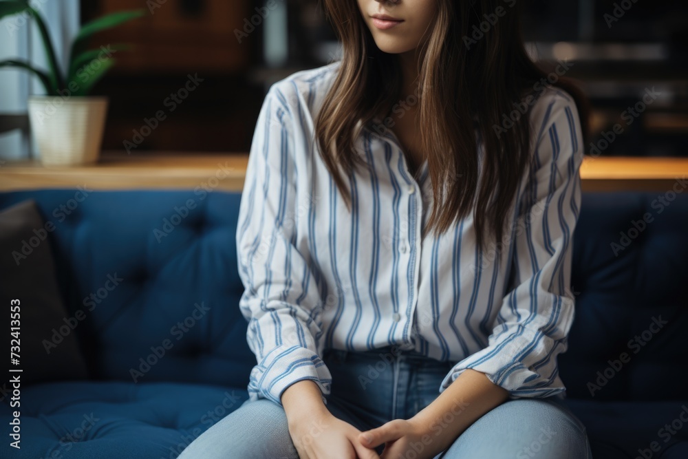 A woman is sitting on top of a blue couch. This image can be used to depict relaxation, comfort, or interior design