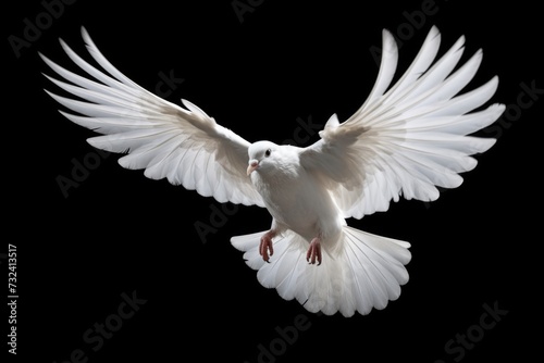 A white dove flying gracefully in the air, with its wings spread wide. Perfect for symbolizing peace and freedom. © Fotograf