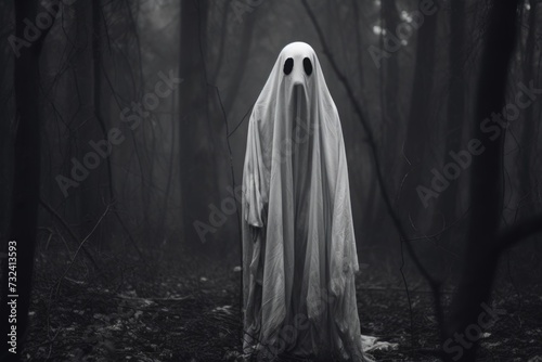 A ghostly looking figure standing in a haunting forest. Perfect for Halloween-themed projects or spooky designs